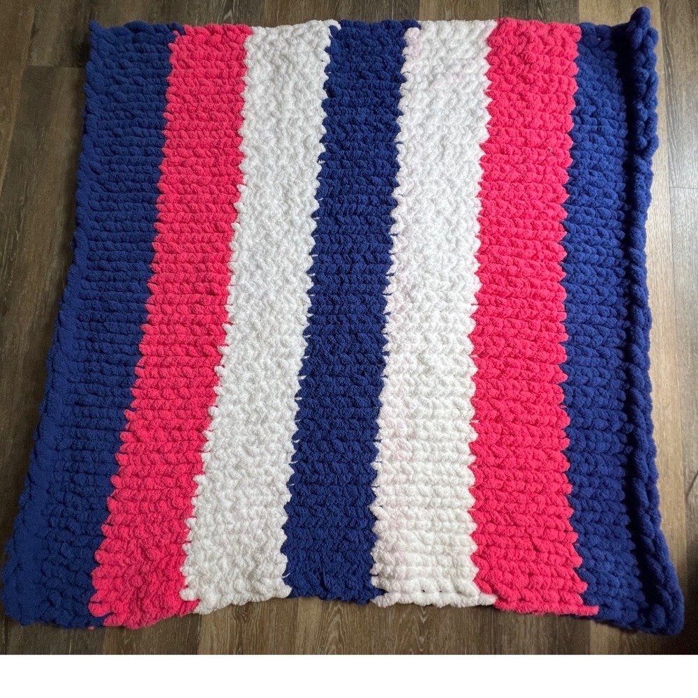 Handmade Chunky Knit Blanket 45"x47"Pink Blue White Striped Chenille Throw